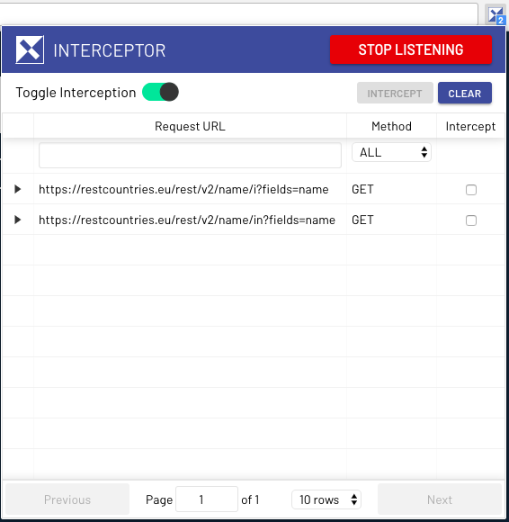 Interceptor showing a list of listened requests